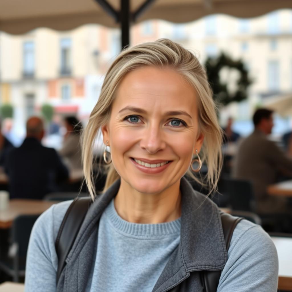 A full-height photograph of a woman aged 30 to 35 years with a natural appearance, featuring minimal makeup and well-groomed hair