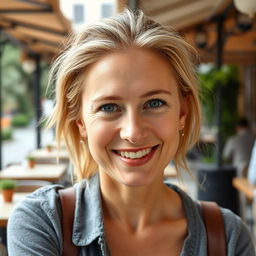 A full-height photograph of a woman aged 30 to 35 years with a natural appearance, featuring minimal makeup and well-groomed hair