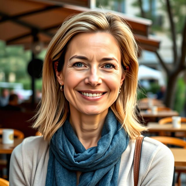 A full-height photograph of a woman aged 30 to 35 years with a natural appearance, featuring minimal makeup and well-groomed hair