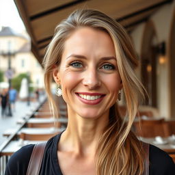 A full-height photograph of a woman aged 30 to 35 years with a natural appearance, featuring minimal makeup and well-groomed hair