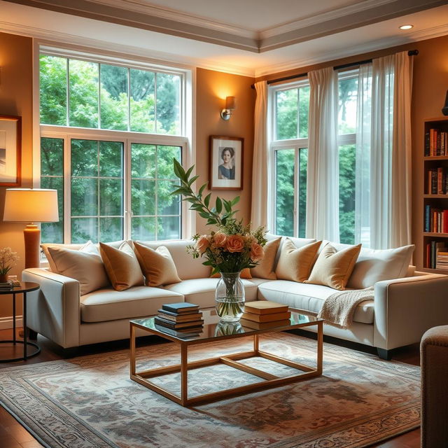 A beautifully decorated living room scene featuring a comfortable sofa with elegant pillows, a stylish coffee table adorned with a vase of fresh flowers, and a cozy area rug