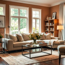 A beautifully decorated living room scene featuring a comfortable sofa with elegant pillows, a stylish coffee table adorned with a vase of fresh flowers, and a cozy area rug