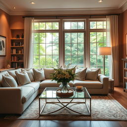 A beautifully decorated living room scene featuring a comfortable sofa with elegant pillows, a stylish coffee table adorned with a vase of fresh flowers, and a cozy area rug