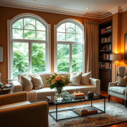 A beautifully decorated living room scene featuring a comfortable sofa with elegant pillows, a stylish coffee table adorned with a vase of fresh flowers, and a cozy area rug