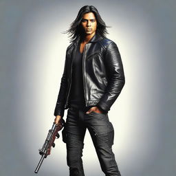 This is a realistic digital art image of a handsome young Indian man with long hair