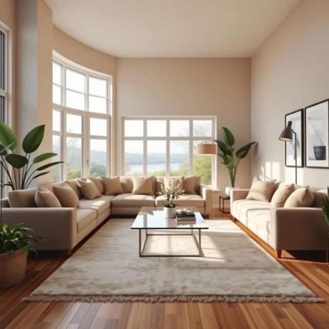 A spacious and beautifully designed living room featuring a plush sectional sofa with soft throw pillows, a modern coffee table made of glass and metal, and a large area rug that adds warmth to the space