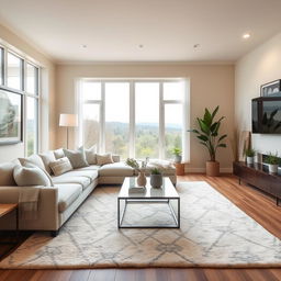 A spacious and beautifully designed living room featuring a plush sectional sofa with soft throw pillows, a modern coffee table made of glass and metal, and a large area rug that adds warmth to the space