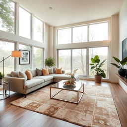 A spacious and beautifully designed living room featuring a plush sectional sofa with soft throw pillows, a modern coffee table made of glass and metal, and a large area rug that adds warmth to the space