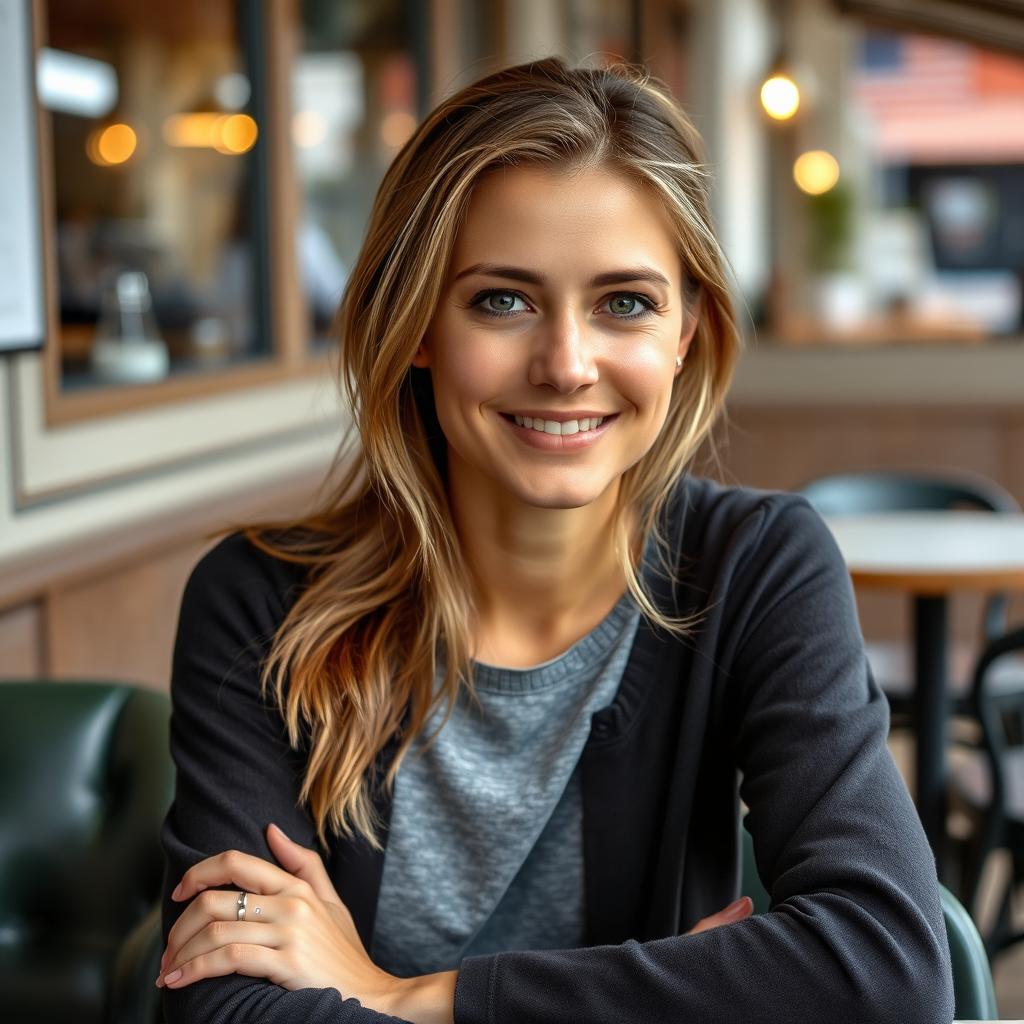 A full-length photo of a woman aged 30-35 with a natural appearance, showcasing minimal makeup and well-groomed hair