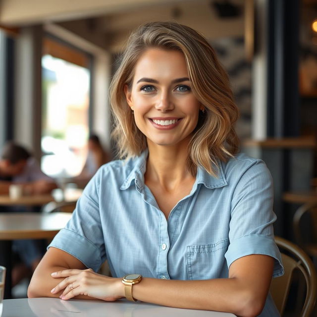 A full-length photo of a woman aged 30-35 with a natural appearance, showcasing minimal makeup and well-groomed hair