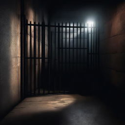 A high-quality digital art image depicting the interior of a dark jail cell