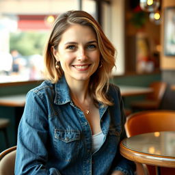 A full-length photo of a woman aged 30-35 with a natural appearance, showcasing minimal makeup and well-groomed hair