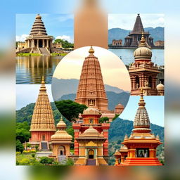 A collage of five famous Jyotirlinga temples in India: the Mahakaleshwar Jyotirlinga with its distinctive stone architecture, the beautiful Omkareshwar Jyotirlinga set amidst serene waters, the historical Trimbakeshwar Jyotirlinga with mountain backdrop, the lush Bhimashankar Jyotirlinga surrounded by greenery, and the intricately designed Grishneshwar Jyotirlinga