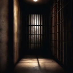 A high-quality digital art image depicting the interior of a dark jail cell