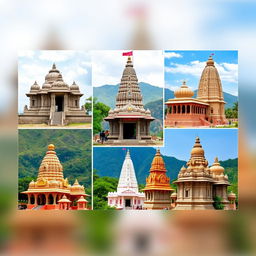 A collage of five famous Jyotirlinga temples in India: the Mahakaleshwar Jyotirlinga with its distinctive stone architecture, the beautiful Omkareshwar Jyotirlinga set amidst serene waters, the historical Trimbakeshwar Jyotirlinga with mountain backdrop, the lush Bhimashankar Jyotirlinga surrounded by greenery, and the intricately designed Grishneshwar Jyotirlinga