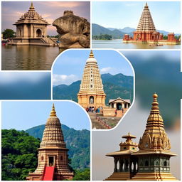 A collage of five famous Jyotirlinga temples in India: the Mahakaleshwar Jyotirlinga with its distinctive stone architecture, the beautiful Omkareshwar Jyotirlinga set amidst serene waters, the historical Trimbakeshwar Jyotirlinga with mountain backdrop, the lush Bhimashankar Jyotirlinga surrounded by greenery, and the intricately designed Grishneshwar Jyotirlinga