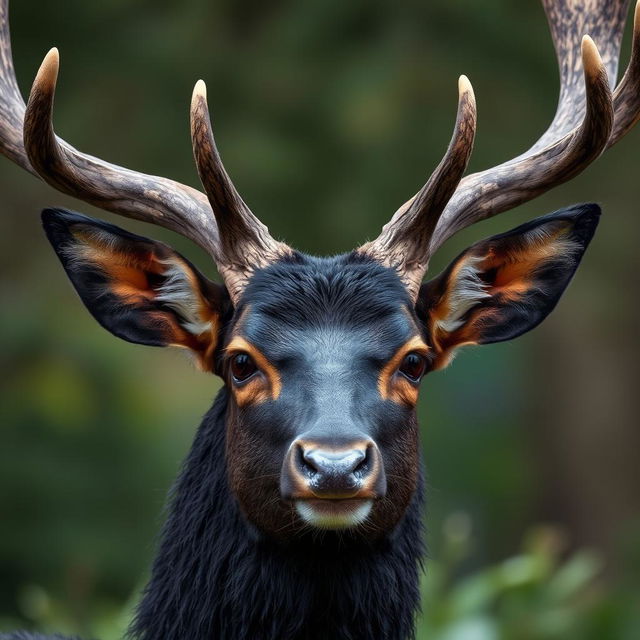 A striking black head of a deer with majestic antlers, showcasing detailed textures of fur