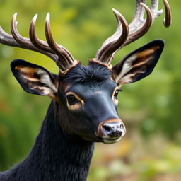 A striking black head of a deer with majestic antlers, showcasing detailed textures of fur
