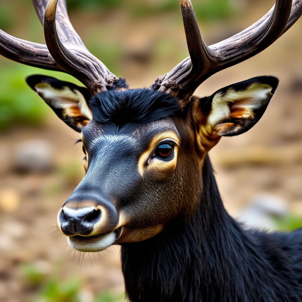 A striking black head of a deer with majestic antlers, showcasing detailed textures of fur