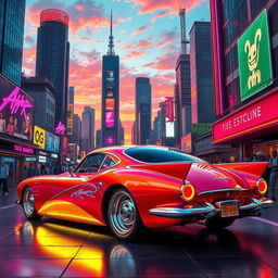 A visually stunning retro-futuristic car designed with sleek curves and bold colors, showcasing advanced technology and futuristic features