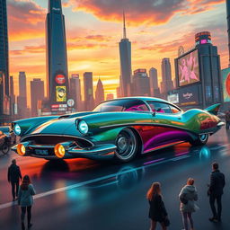 A visually stunning retro-futuristic car designed with sleek curves and bold colors, showcasing advanced technology and futuristic features