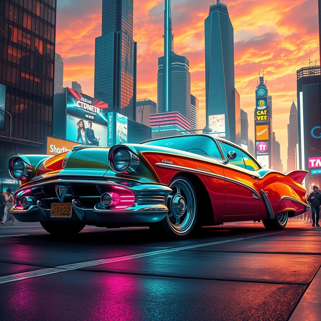 A visually stunning retro-futuristic car designed with sleek curves and bold colors, showcasing advanced technology and futuristic features