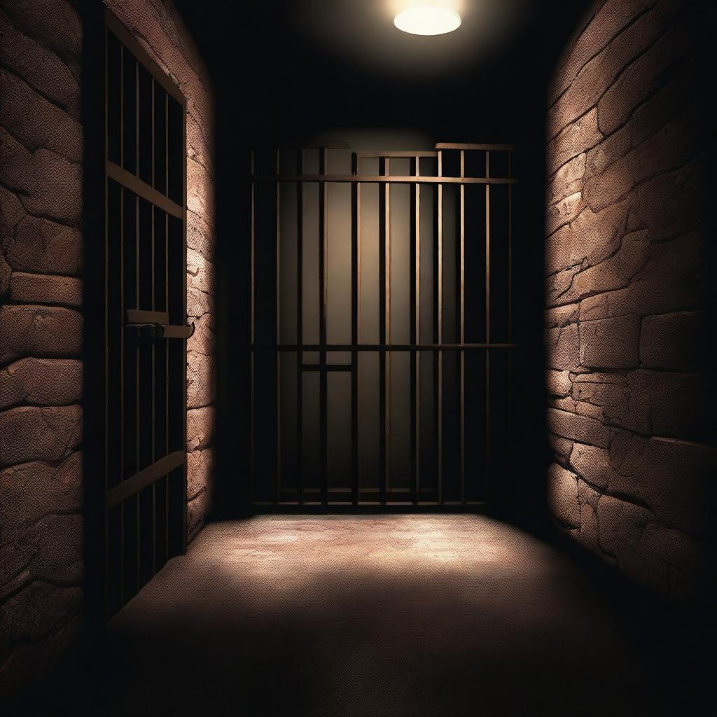 A high-quality digital art image depicting the interior of a dark jail cell