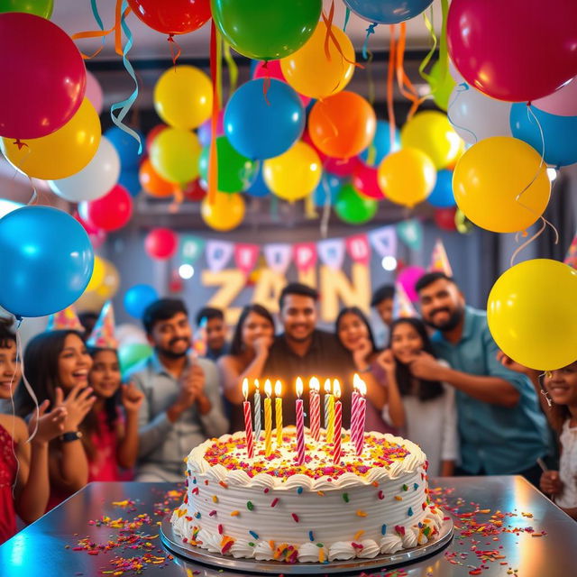 A vibrant and festive birthday scene dedicated to a person named Zain, featuring colorful balloons, streamers, and a large birthday cake adorned with  candles