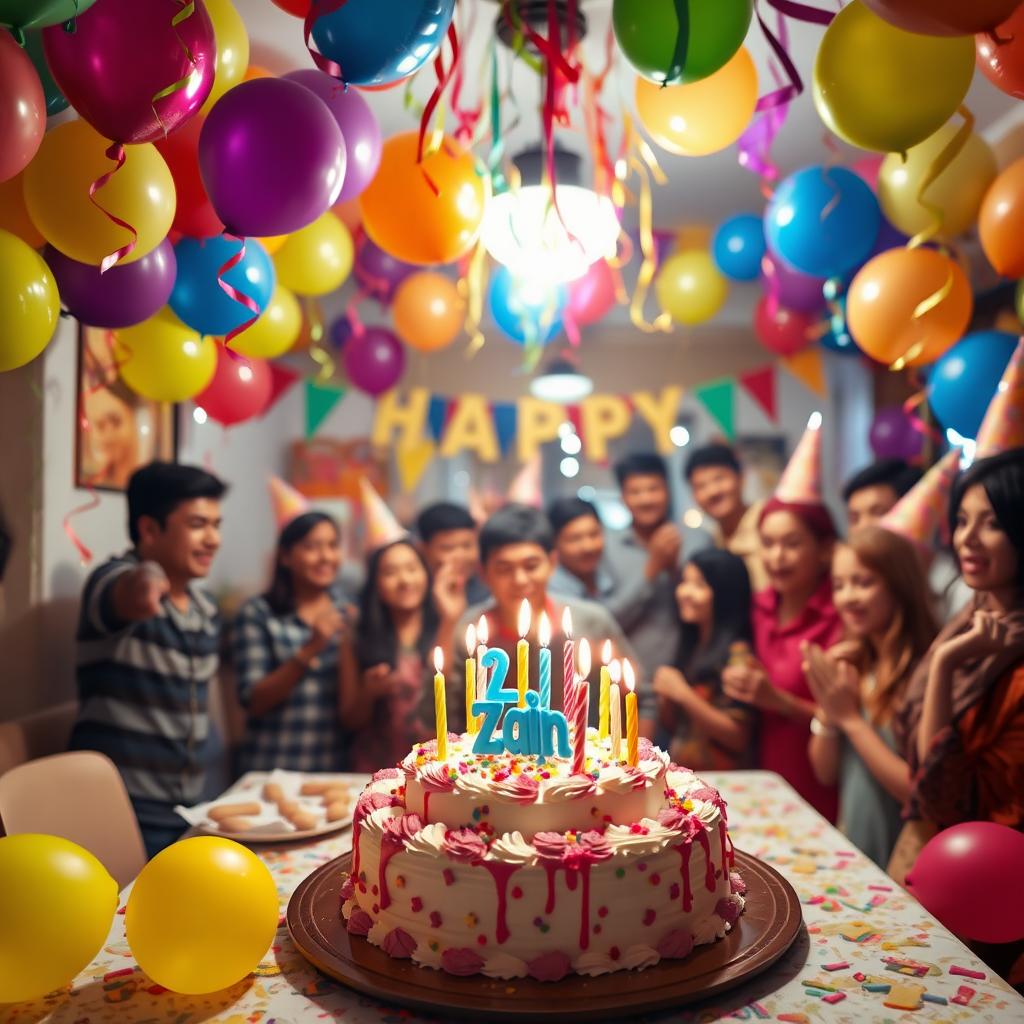 A vibrant and festive birthday scene dedicated to a person named Zain, featuring colorful balloons, streamers, and a large birthday cake adorned with  candles