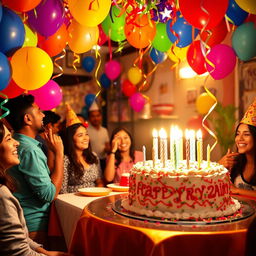 A vibrant and festive birthday scene dedicated to a person named Zain, featuring colorful balloons, streamers, and a large birthday cake adorned with  candles