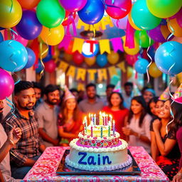 A vibrant and festive birthday scene dedicated to a person named Zain, featuring colorful balloons, streamers, and a large birthday cake adorned with  candles