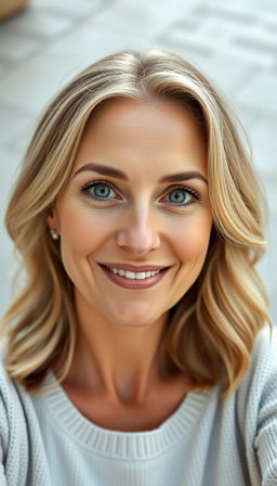 A portrait of a natural and confident woman aged 30-35, with symmetrical facial features, fair skin, and defined cheekbones