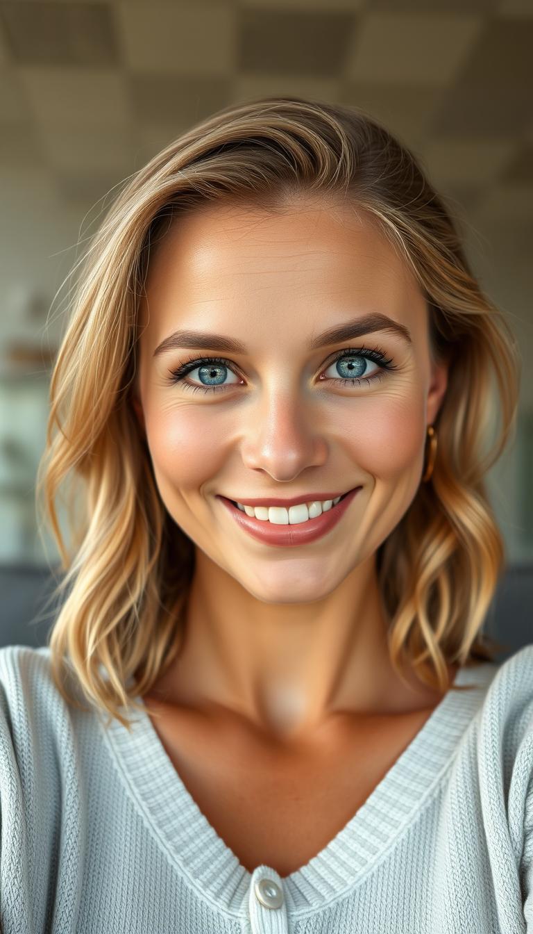 A portrait of a natural and confident woman aged 30-35, with symmetrical facial features, fair skin, and defined cheekbones