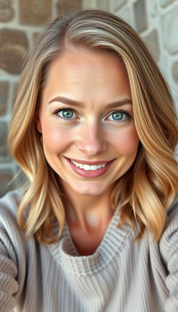 A portrait of a natural and confident woman aged 30-35, with symmetrical facial features, fair skin, and defined cheekbones