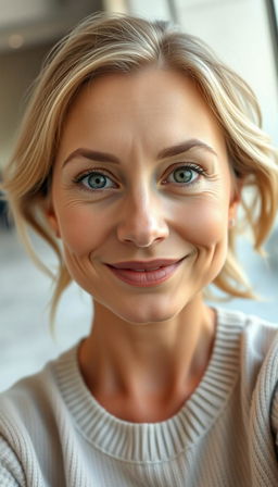A portrait of a natural and confident woman aged 30-35, with symmetrical facial features, fair skin, and defined cheekbones