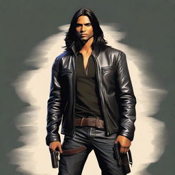 A high-resolution digital art image presents a slightly younger Indian man with long hair