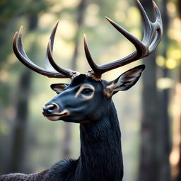 A black head of a majestic deer, showcasing its impressive antlers and graceful features
