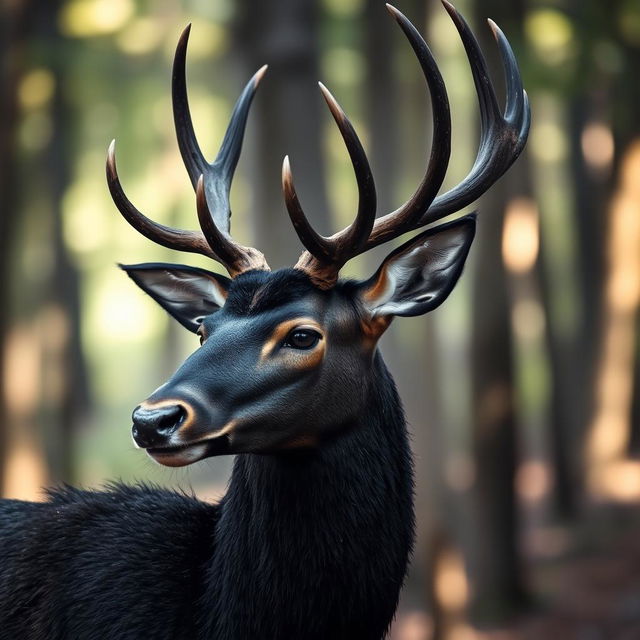 A black head of a majestic deer, showcasing its impressive antlers and graceful features