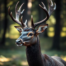 A black head of a majestic deer, showcasing its impressive antlers and graceful features