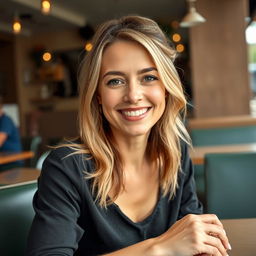 A full-length photo of a woman aged 30-35 with a natural appearance, showcasing minimal makeup and well-groomed hair