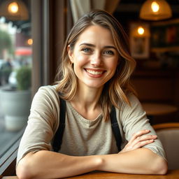 A full-length photo of a woman aged 30-35 with a natural appearance, showcasing minimal makeup and well-groomed hair