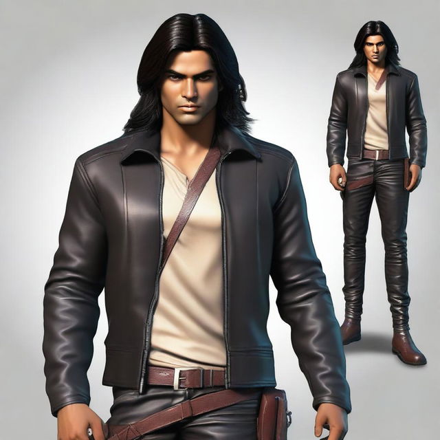 A high-resolution digital art image presents a slightly younger Indian man with long hair