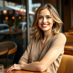 A full-length photo of a woman aged 30-35 with a natural appearance, showcasing minimal makeup and well-groomed hair
