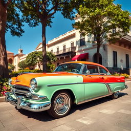 A stunning retro car parked on a picturesque street, featuring vintage design elements such as rounded edges, chrome detailing, and classic curves