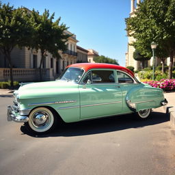 A stunning retro car parked on a picturesque street, featuring vintage design elements such as rounded edges, chrome detailing, and classic curves