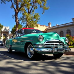A stunning retro car parked on a picturesque street, featuring vintage design elements such as rounded edges, chrome detailing, and classic curves