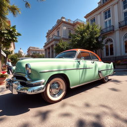 A stunning retro car parked on a picturesque street, featuring vintage design elements such as rounded edges, chrome detailing, and classic curves