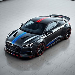 A futuristic digital rendering of a 2033 Citroën DS3 sports car, designed as a sleek two-seater with an aerodynamic profile
