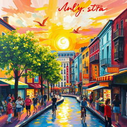 An impressionist painting of a vibrant bustling cityscape, showcasing lively streets filled with colorful buildings, people walking, and street vendors