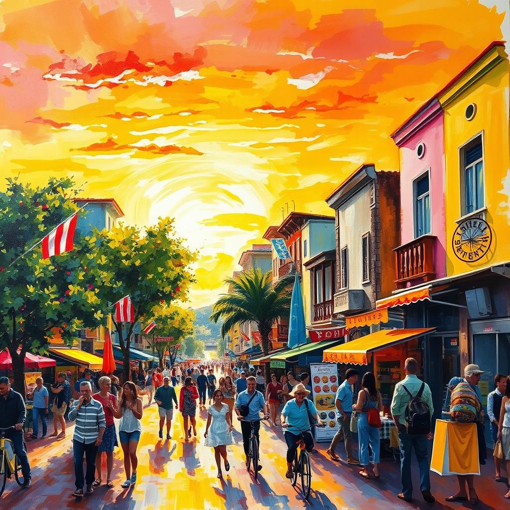 An impressionist painting of a vibrant bustling cityscape, showcasing lively streets filled with colorful buildings, people walking, and street vendors